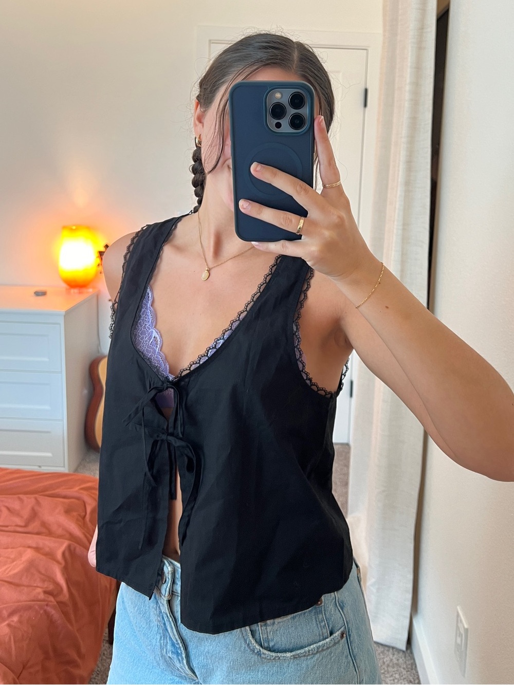 aerie Black Lace-Trim Tie-Front Tank Top